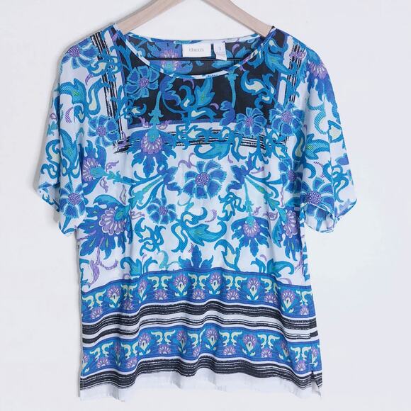 Chicos Blue Semi-sheer Short Sleeve Shirt Womens Medium - Picture 1 of 7